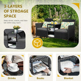 Outdoor Furniture Patio Loveseat Wicker 2-Seat with Built-in Table and Cushions Rattan Porch Chairs Bench for Balcony, Lawn, Backyard (Beige)