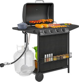 4+1 Burner Propane Gas BBQ Grill, Portable Gas Barbecue Grill with Side Burner, Thermometer, Lid, Side Table, Shelf, Spice Rack, Wheels, Grease Cup for Garden, Black