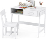 Kids Desk and Chair Set, Wooden Children School Study Table and Chair w/Storage Drawer & Hutch, Student Writing Desk Computer Workstation for Bedroom, Gift for 3+ Years Old (White)
