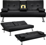 Yaheetech Convertible Sofa Bed Adjustable Couch Sleeper Modern Faux Leather Home Recliner Reversible Loveseat Folding Daybed Guest Bed, Removable Armrests, Cup Holders, 3 Angles, 772lb Capacity, Black