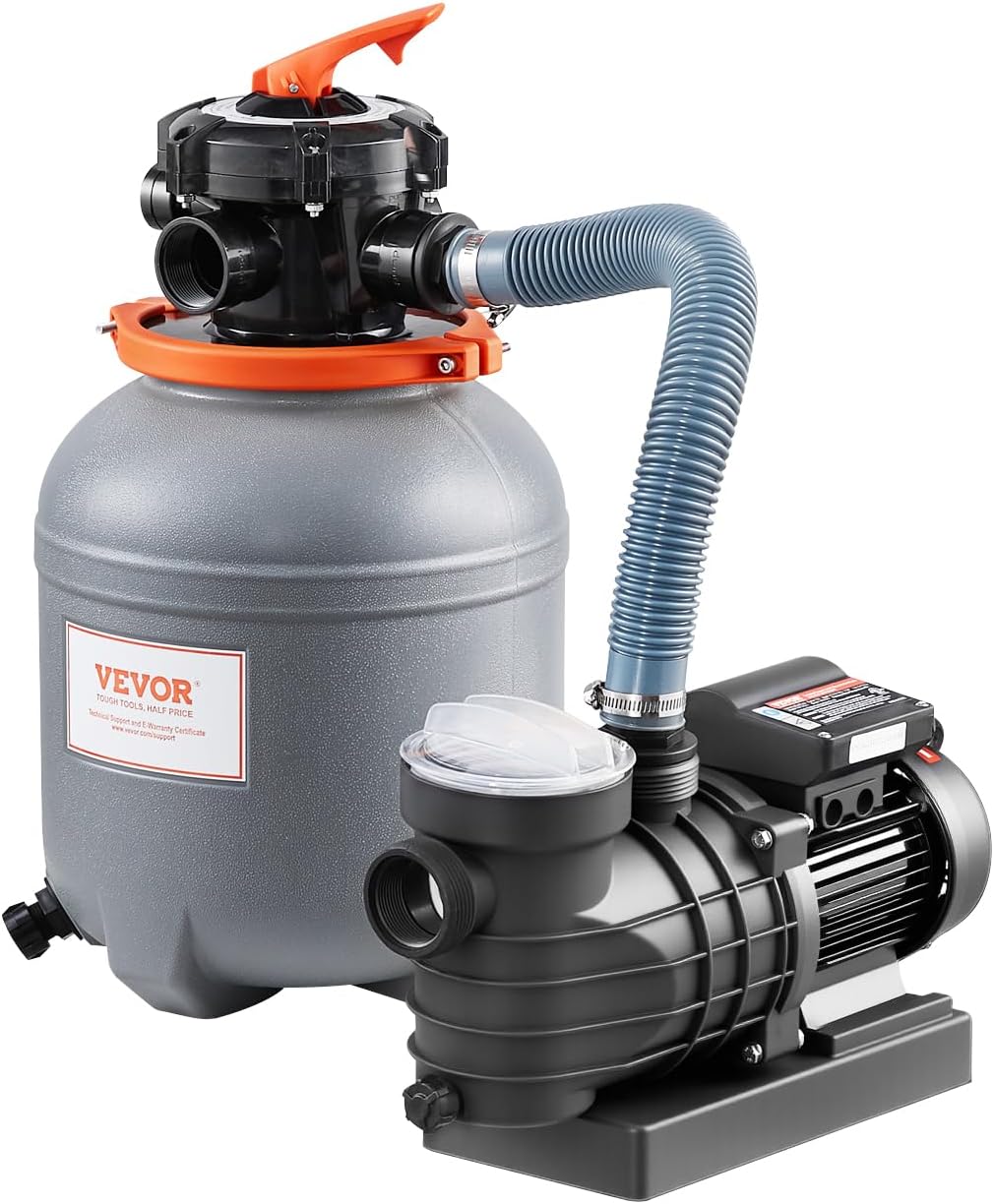 Outdoor swimming pool sand filter pump, 16 inches, 3500 liters/minute, 1 horsepower, swimming pool water pump system and filter kit set, equipped with 6-way multi-interface valve and filter basket, suitable for both household and commercial swimming
