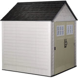 Rubbermaid 7�7 Ft Durable Weather Resistant Resin Outdoor Garden Storage Shed with Windows and Utility Hooks, Sand