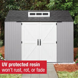 Rubbermaid Resin Outdoor Storage Shed With Floor (7 x 7 Ft) Weather Resistant Gray Organization for Home/Backyard/Garden Tools/Lawn Mower/Bike Storage/Pool Supplies