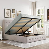 Queen Size Lift Up Storage Bed, Modern Wingback Headboard, Hydraulic Support, No Box Spring Needed, Light Beige