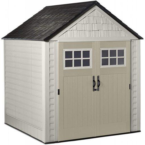 Rubbermaid 7�7 Ft Durable Weather Resistant Resin Outdoor Garden Storage Shed with Windows and Utility Hooks, Sand