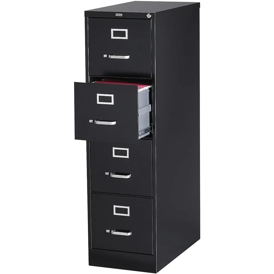 STAPLES 4-Drawer File Cabinet, Lockable, Black, 25"D x 15"W