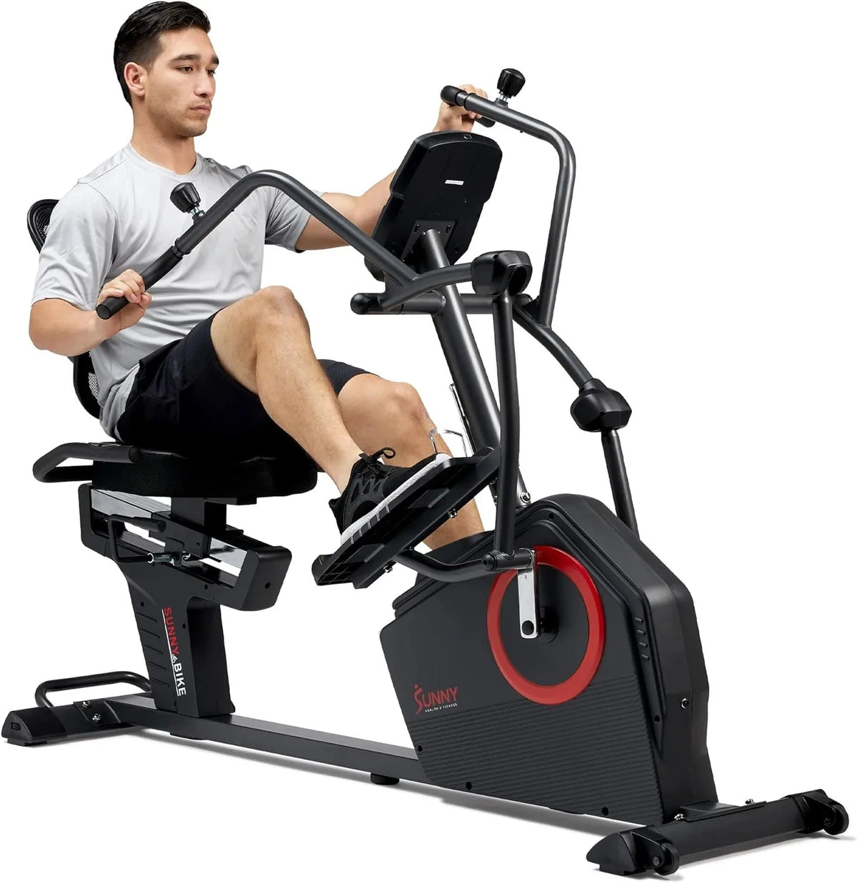Sunny Health & Fitness Electromagnetic Recumbent Cross Trainer Exercise Elliptical Bike w/Arm Exercisers, Easy Access Seat & Exclusive SunnyFit搴� App Enhanced Bluetooth Connectivity - SF-RBE4886SMART锟斤拷