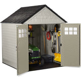 Rubbermaid 7�7 Ft Durable Weather Resistant Resin Outdoor Garden Storage Shed with Windows and Utility Hooks, Sand
