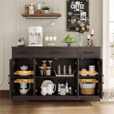 Drawer-equipped buffet-style cabinet, 55-inch large side cabinet-style storage unit with shelves and 4 doors, modern country-style coffee bar-style cabinet, wooden kitchen and dining room storage unit, white/rustic style