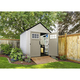 Rubbermaid 7�7 Ft Durable Weather Resistant Resin Outdoor Garden Storage Shed with Windows and Utility Hooks, Sand