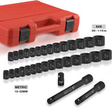 02448A 1/2" Drive Master Impact Socket Set, 65 Piece, Standard SAE (3/8"-1-1/4") & Metric (10-24 mm) Sizes, Deep & Shallow Kit, Includes Adapters & Ratchet Handle