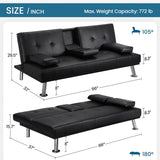 Yaheetech Convertible Sofa Bed Adjustable Couch Sleeper Modern Faux Leather Home Recliner Reversible Loveseat Folding Daybed Guest Bed, Removable Armrests, Cup Holders, 3 Angles, 772lb Capacity, Black